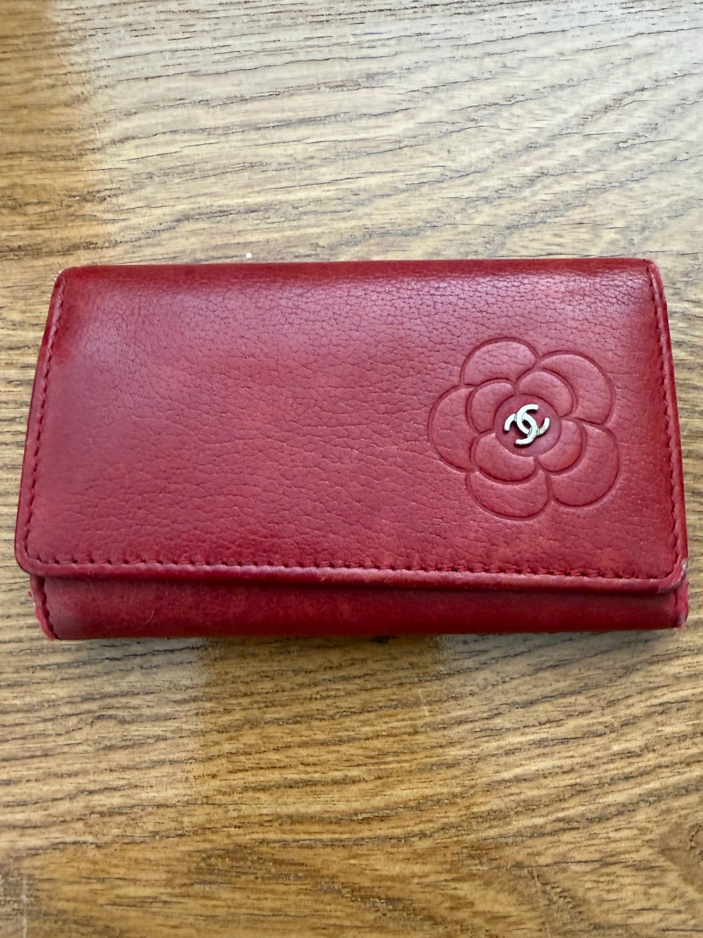Authentic Chanel Red Camellia Leather 6 Key Holder Wallet (used)